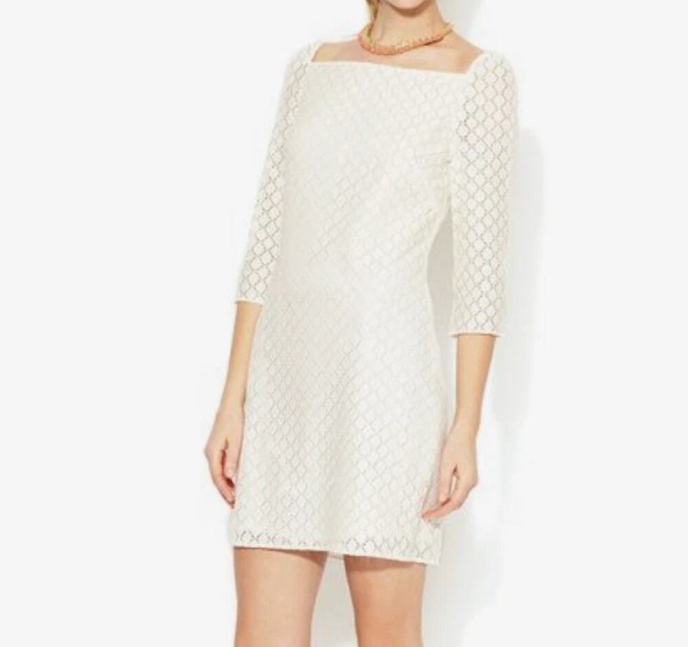 TRINA TURK Lace Dress Size 2 Ivory Mini 3/4 Sleeve Lined Square Neck Bride EUC